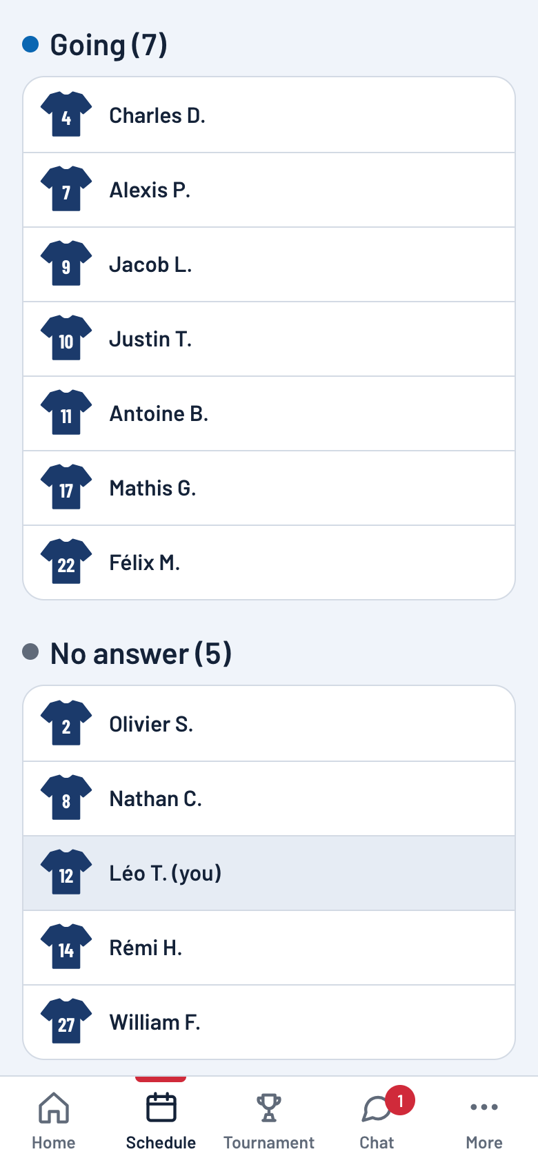 Game details: list of players who are in and who haven’t answered, with jersey number and first name (sample data).