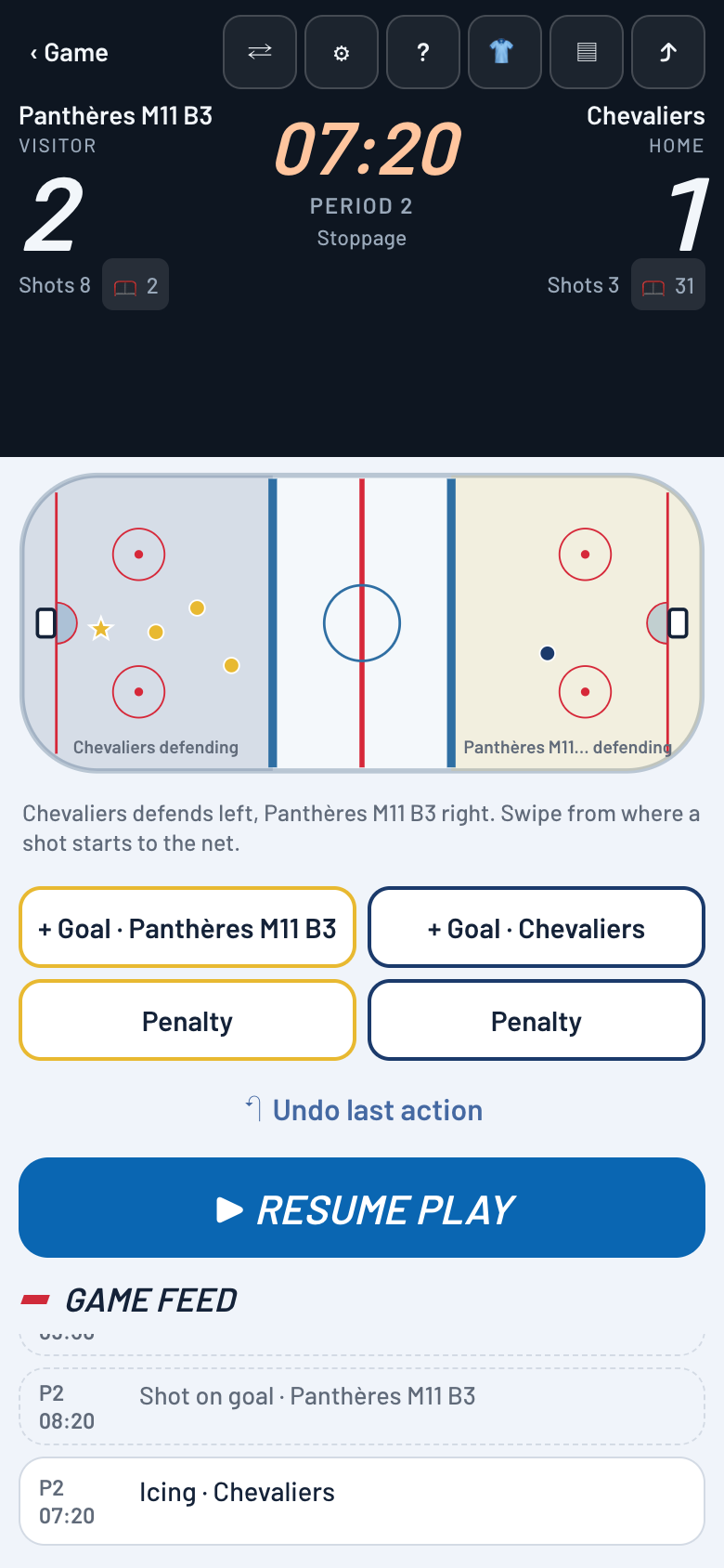 Live game screen: score, clock, rink with tracked shots and the play-by-play feed (sample data).