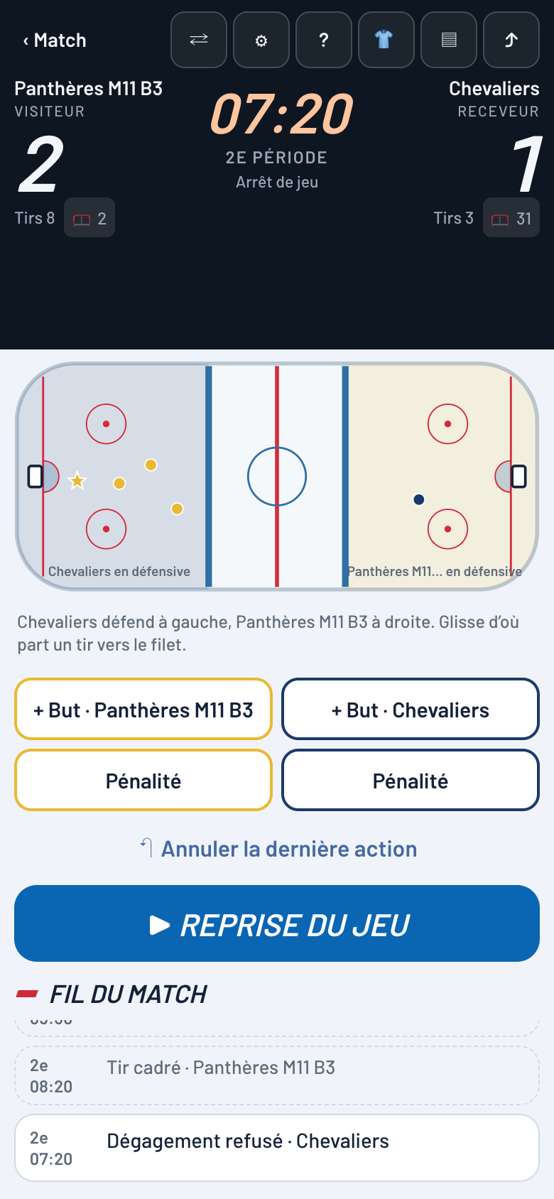 Écran du match en direct: pointage, chrono, patinoire avec les tirs tracés et fil des actions (données fictives).